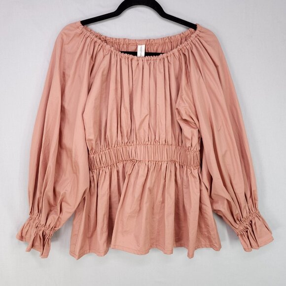 Eliza Faulkner Peasant Top Size Small Shirred Waist Balloon Sleeve Salmon - Picture 1 of 11